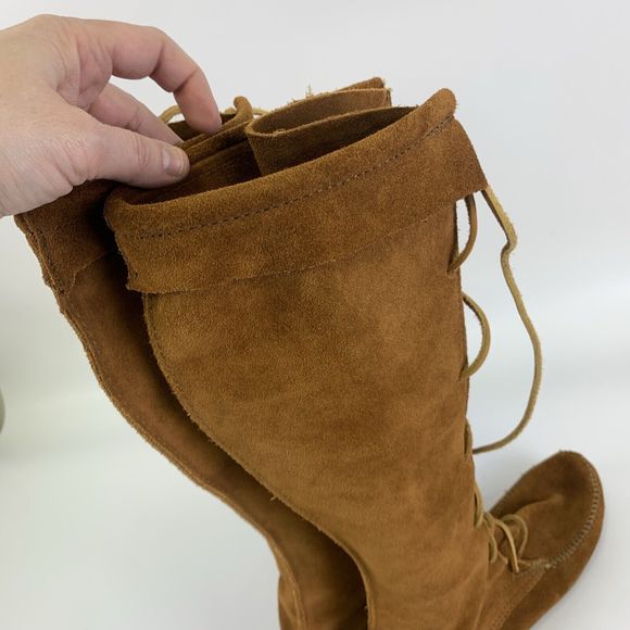 Minnetonka Tan Suede Front Lace Up Tall Boots Tan Fringe Removed 7422 Womens 7 - Picture 11 of 14